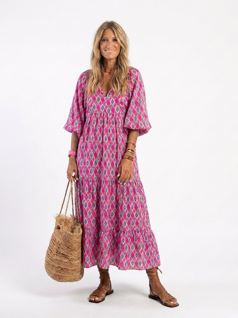 Céline | Sukienka midi w wzór, z rękawami trzyczwartowymi i dekoltem w kształcie V