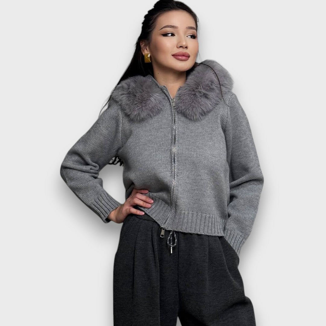 Alisanne – Sweter z zamkiem i kołnierzem z sztucznego futra